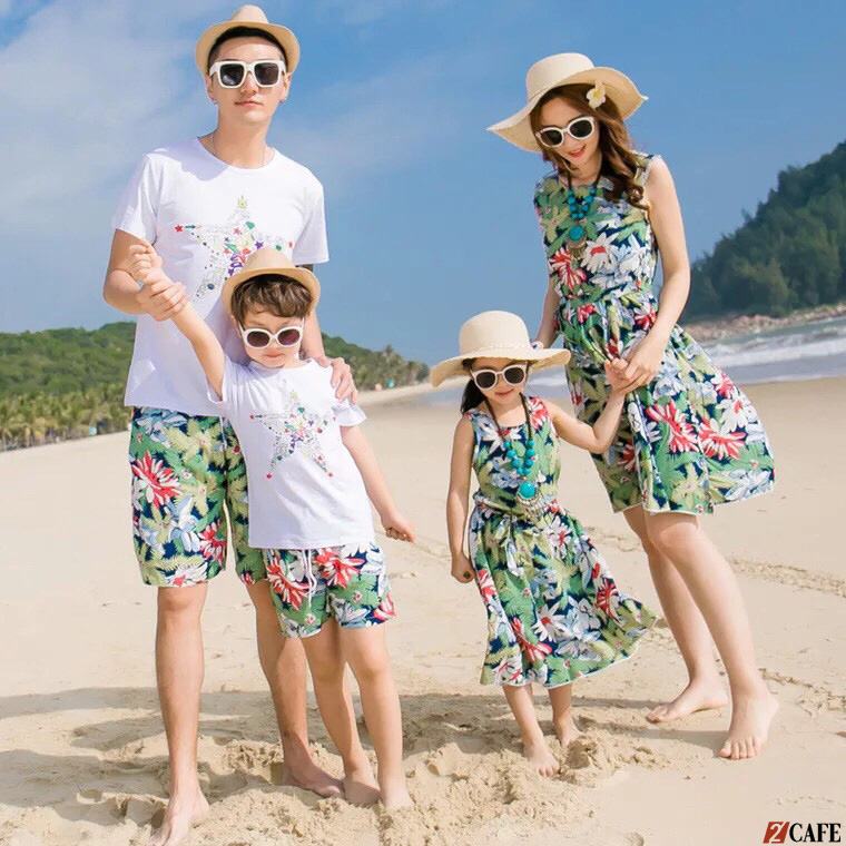 Bộ váy áo gia đình đi biển ton sur ton hoạ tiết nhiệt đới với áo phông, quần short cho con trai, váy cho mẹ & con gái (Ảnh: Internet) 