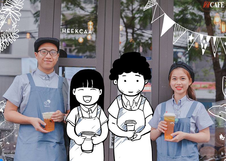 Đồng phục nhân viên quán trà sữa Heekcaa mang phong cách Hàn Quốc với tone màu xanh đá pastel nhẹ nhàng, đáng yêu (Ảnh: Internet)