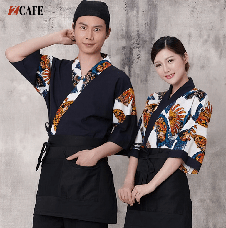 Mẫu đồng phục bếp Nhật xanh đen họa tiết ấn tượng (Nguồn: Internet) 